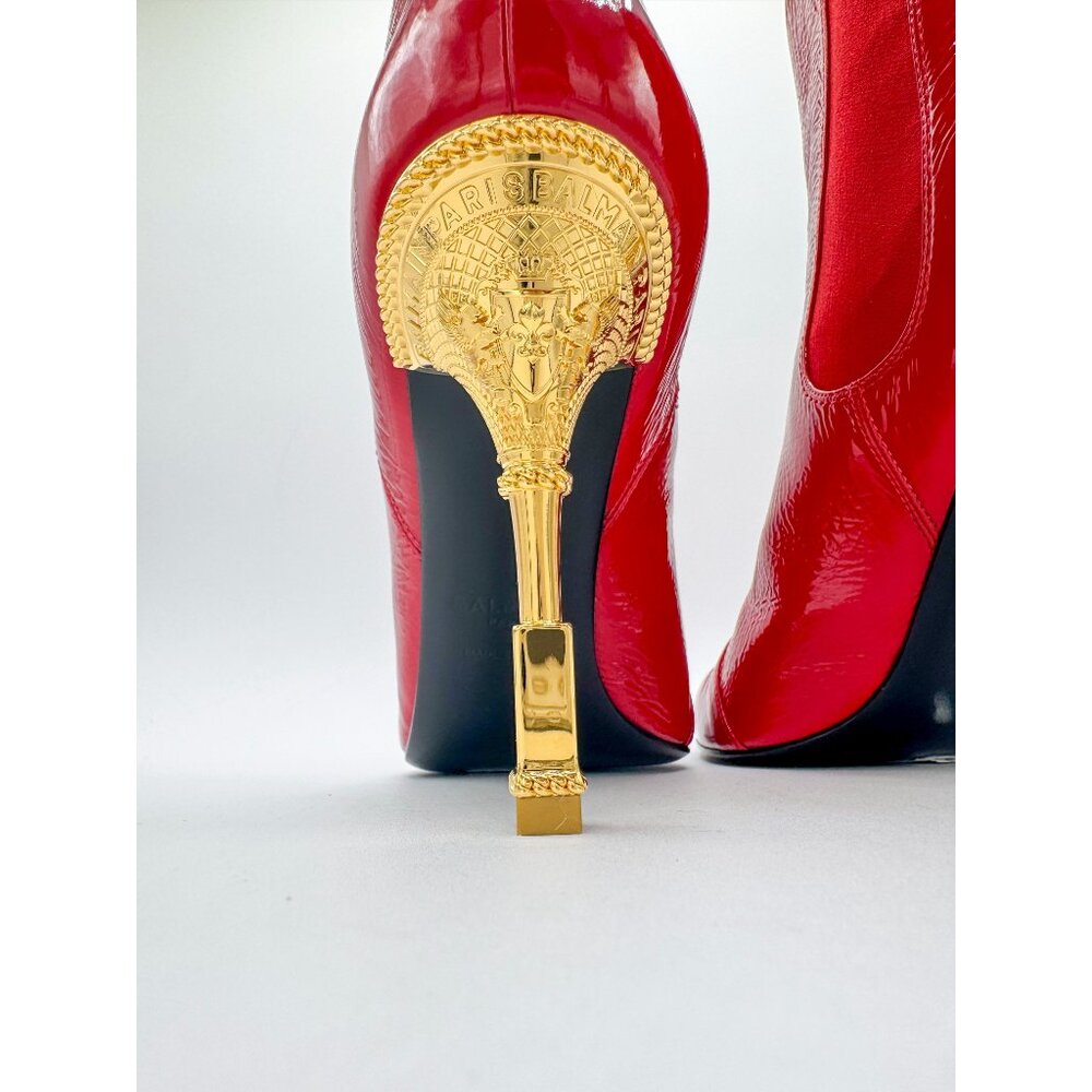 Balmain Moneta Engraved Heeled Red Ankle Boots - Picture 7 of 12